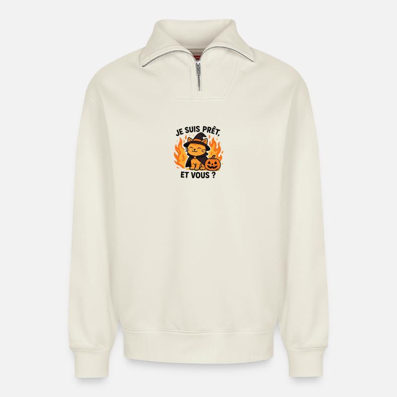 Halloween Zauberer Katze Bereit - Relaxed Unisex Organic Half Zip Sweatshirt – von SPREAD - Naturweiß