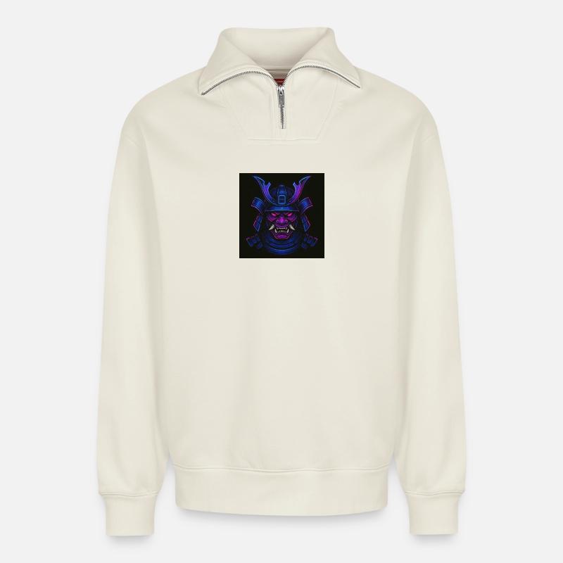 Neon Samurai Mask - Relaxed Unisex Organic Half Zip Sweatshirt – by SPREAD - off white