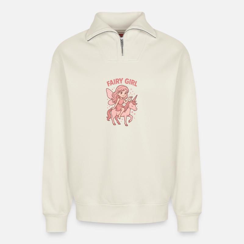 Feenreiterin Rosa Einhorn - Relaxed Unisex Organic Half Zip Sweatshirt – von SPREAD - Naturweiß