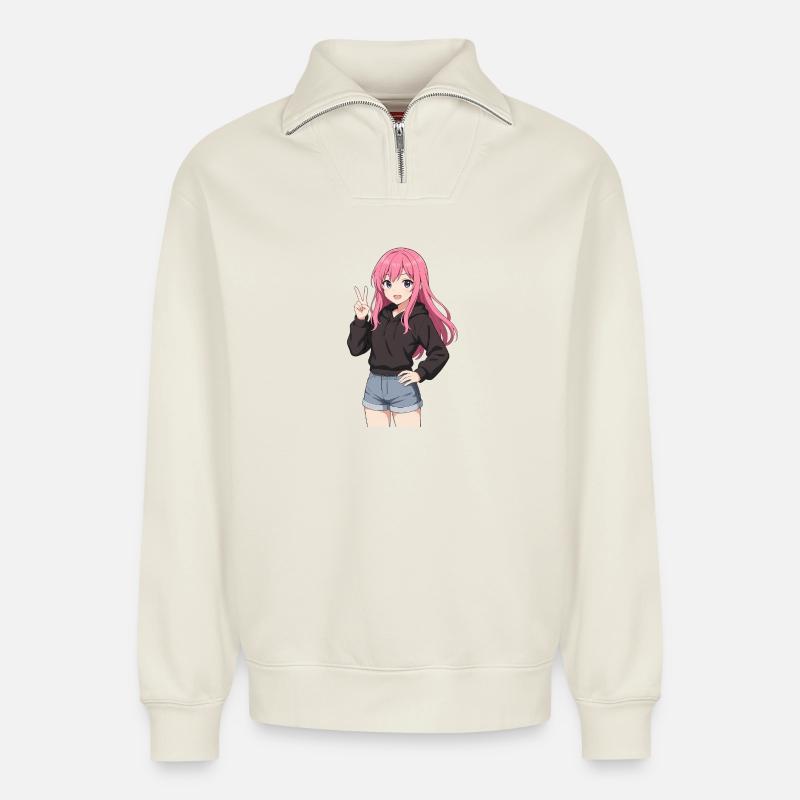 Anime-Mädchen mit rosa Kapuzenpullover - Relaxed Unisex Organic Half Zip Sweatshirt – von SPREAD - Naturweiß