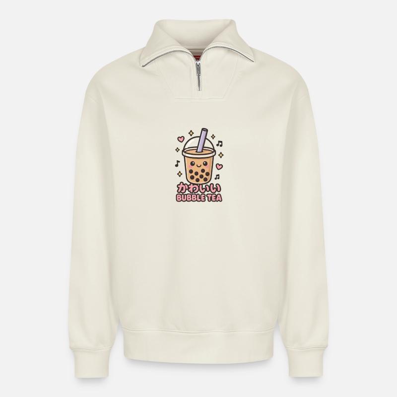 Autocollant Bubble Tea Kawaii - Sweat unisexe décontracté en coton biologique à demi-zip – de SPREAD - blanc cassé