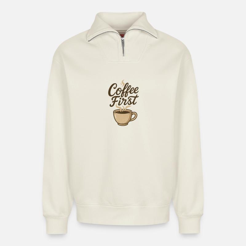 Café Premier Kaffee Illustration - Sweat unisexe décontracté en coton biologique à demi-zip – de SPREAD - blanc cassé