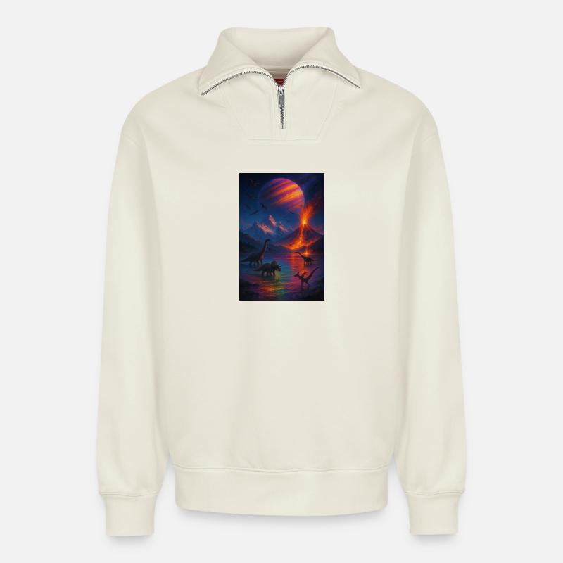 Dinosaurier Vulkan Fantasy Universum - Relaxed Unisex Organic Half Zip Sweatshirt – von SPREAD - Naturweiß