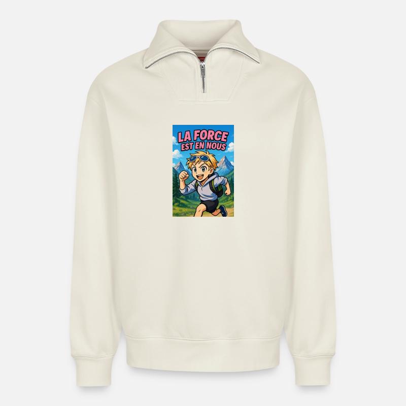 Force Intérieure Aventure - Sweat unisexe décontracté en coton biologique à demi-zip – de SPREAD - blanc cassé