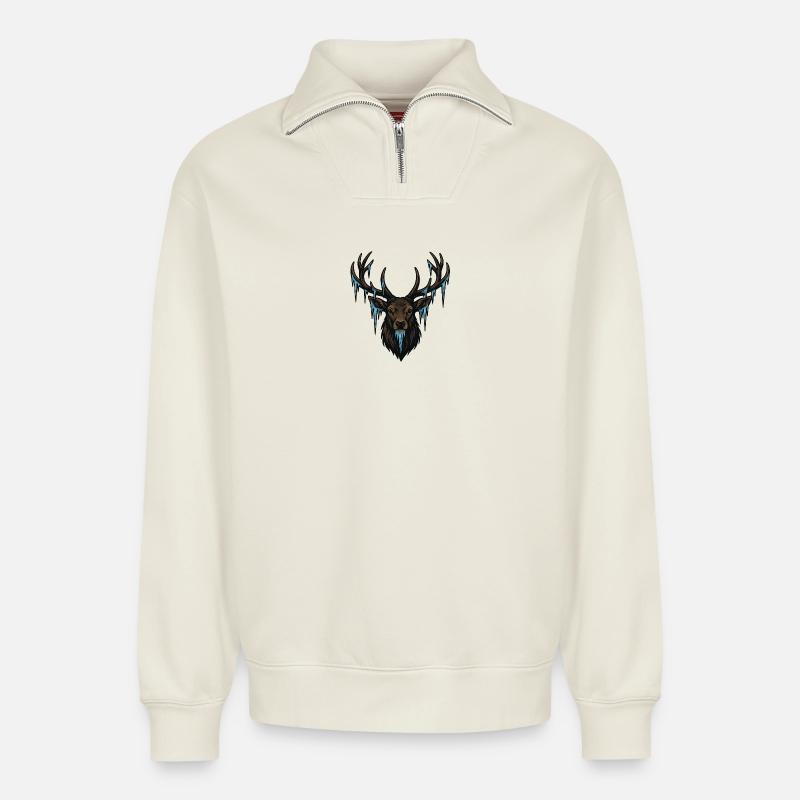 Icicle Deer Head - Relaxed Unisex Organic Half Zip Sweatshirt – by SPREAD - off white