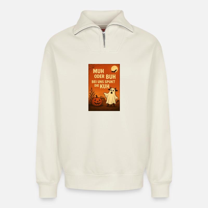 Spukkuh Halloween: MuH oder Buh - Relaxed Unisex Organic Half Zip Sweatshirt – von SPREAD - Naturweiß
