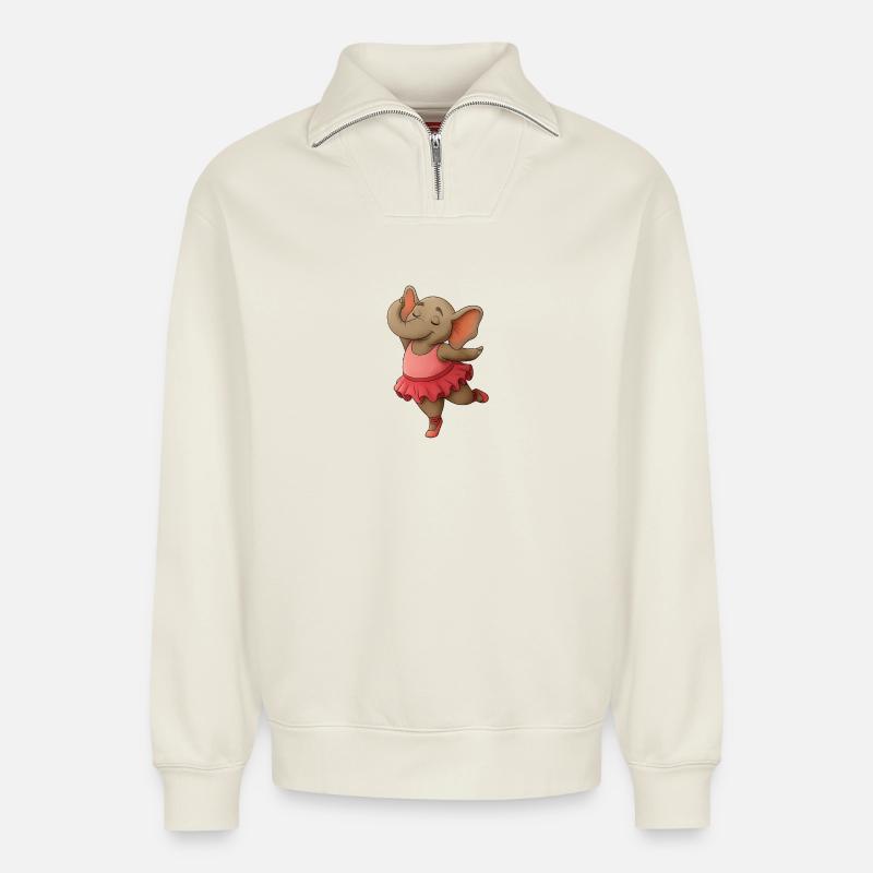 Dancing elephant in tutu - Relaxed Unisex Organic Half Zip Sweatshirt – by SPREAD - off white