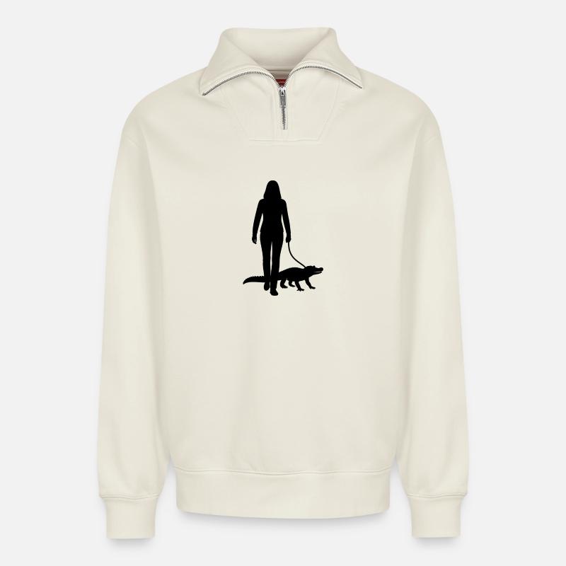 Crocodile on a leash - Relaxed Unisex Organic Half Zip Sweatshirt – by SPREAD - off white