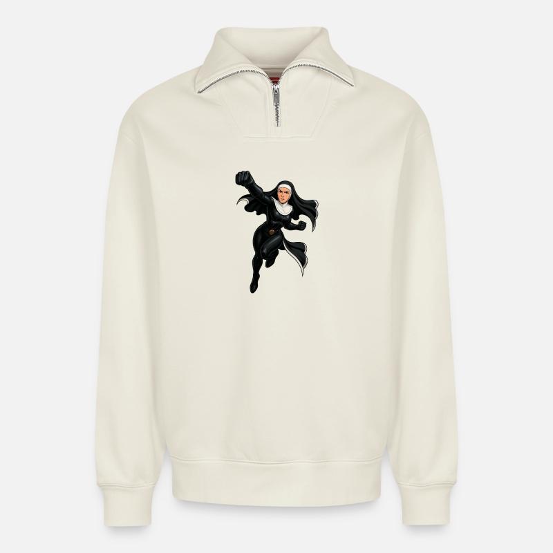 Nonne Valiant Protectrice de Minuit - Sweat unisexe décontracté en coton biologique à demi-zip – de SPREAD - blanc cassé