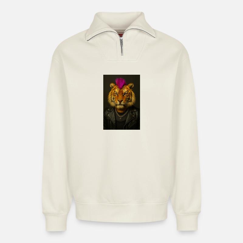 Tiger Punk Mohawk in Leather - Relaxed Unisex Organic Half Zip Sweatshirt – von SPREAD - Naturweiß