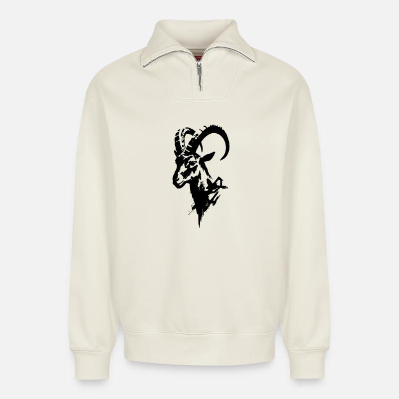 Steinbock schwarz - Relaxed Unisex Organic Half Zip Sweatshirt – von SPREAD - Naturweiß