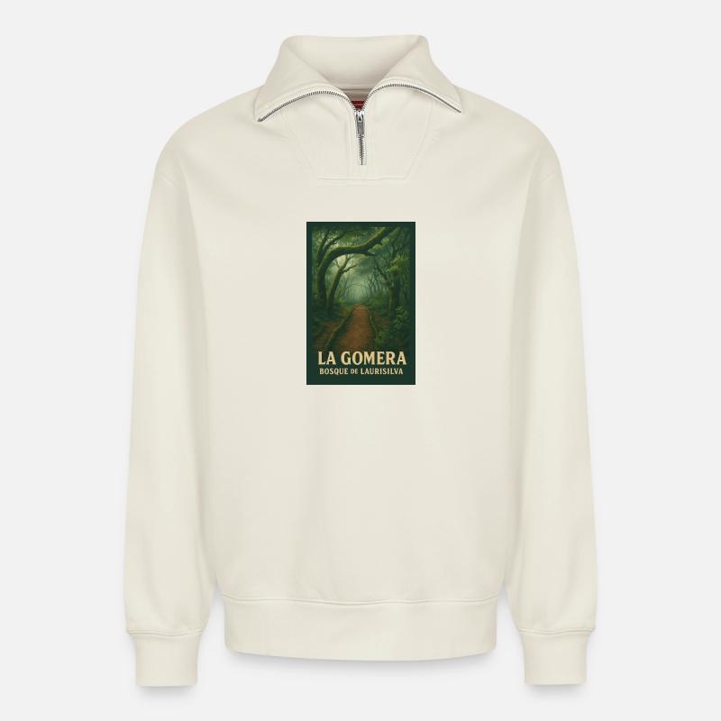 La Gomera Laurisilva Waldpfad - Relaxed Unisex Organic Half Zip Sweatshirt – von SPREAD - Naturweiß