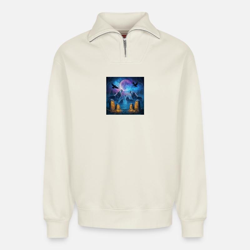 Mondnacht der Wölfe - Relaxed Unisex Organic Half Zip Sweatshirt – von SPREAD - Naturweiß