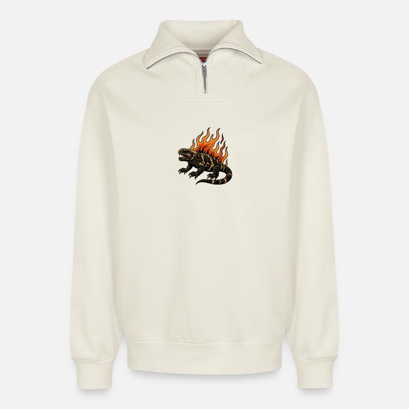 Flammen Gila-Krustenechse - Relaxed Unisex Organic Half Zip Sweatshirt – von SPREAD - Naturweiß