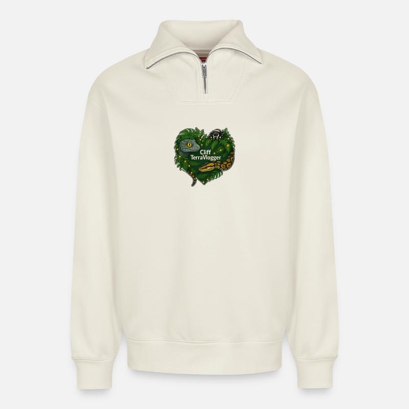 Cliff TerraVlogger Jungle Coeur - Sweat unisexe décontracté en coton biologique à demi-zip – de SPREAD - blanc cassé