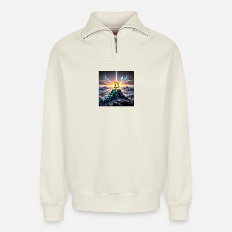 Bitcoin Gipfelaufstieg 3D - Relaxed Unisex Organic Half Zip Sweatshirt – von SPREAD - Naturweiß