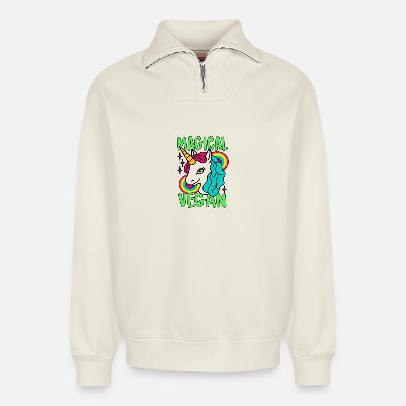 Magisches Go Vegan-Einhorn - Relaxed Unisex Organic Half Zip Sweatshirt – von SPREAD - Naturweiß