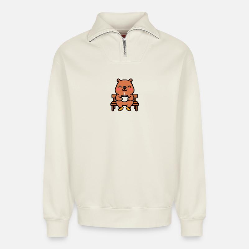 Capybara on a coffee bench - Relaxed Unisex Organic Half Zip Sweatshirt – by SPREAD - off white