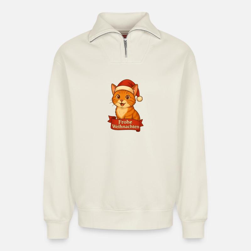 Katzenweihnachtskater mit Santa-Hut - Relaxed Unisex Organic Half Zip Sweatshirt – von SPREAD - Naturweiß