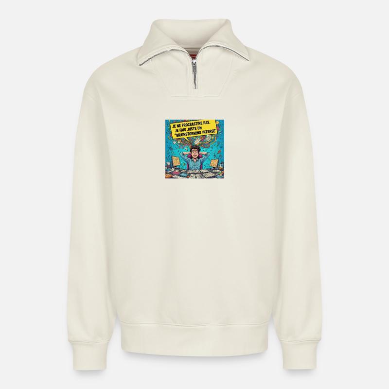 Brainstorming Intense Pop Art - Sweat unisexe décontracté en coton biologique à demi-zip – de SPREAD - blanc cassé