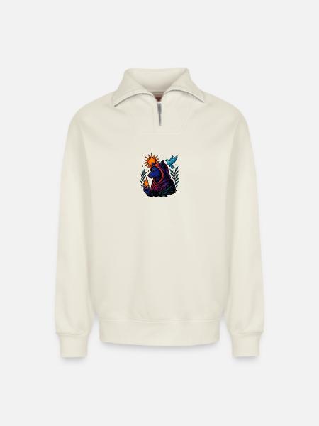 Flamme des Geistes – Kosmische Wolfskunst - Relaxed Unisex Organic Half Zip Sweatshirt – von SPREAD - Naturweiß