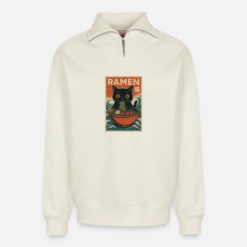 Affiche rétro Ramen Cat - Sweat unisexe décontracté en coton biologique à demi-zip – de SPREAD - blanc cassé