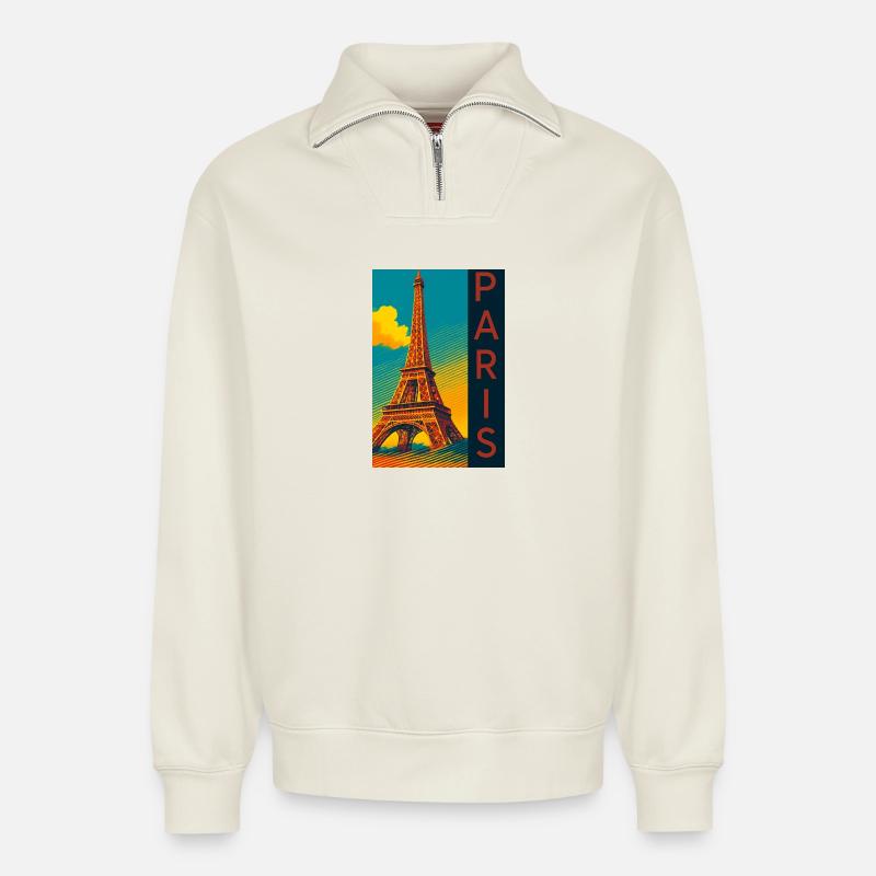 Paris PopArt Skyline Eiffel Tower - Relaxed Unisex Organic Half Zip Sweatshirt – by SPREAD - off white