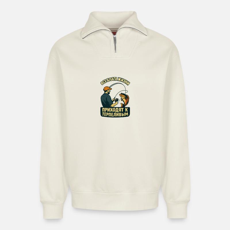 Held am Wasser, Сила рыбака - Relaxed Unisex Organic Half Zip Sweatshirt – von SPREAD - Naturweiß