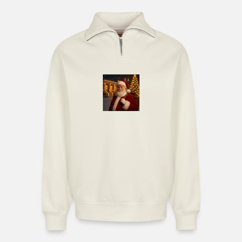 Père Noël  - Sweat unisexe décontracté en coton biologique à demi-zip – de SPREAD - blanc cassé