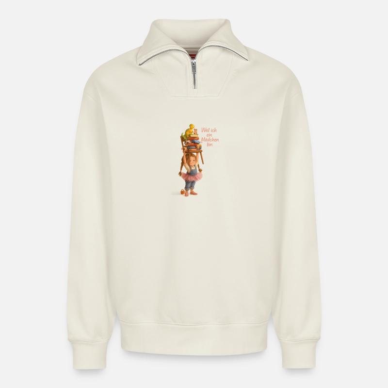 WEIL ICH EIN MÄDCHEN BIN  - Relaxed Unisex Organic Half Zip Sweatshirt – von SPREAD - Naturweiß