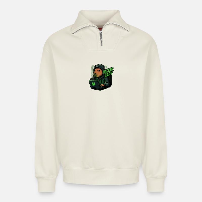 Hacker Capy – Cyber Capybara Tech - Relaxed Unisex Organic Half Zip Sweatshirt – von SPREAD - Naturweiß