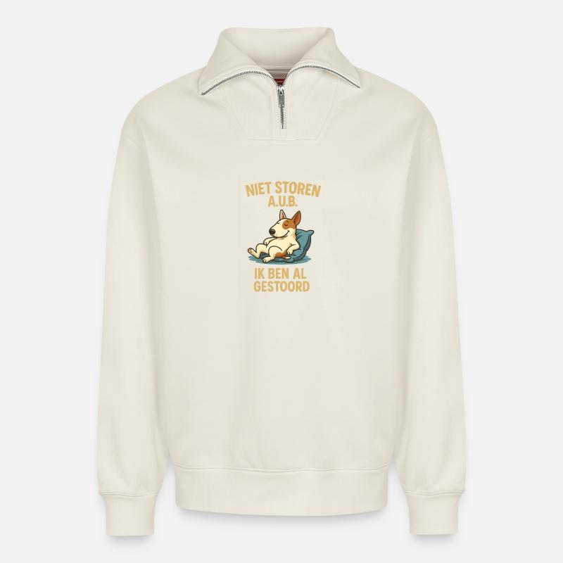 Nicht stören Sie den Bullterrier - Relaxed Unisex Organic Half Zip Sweatshirt – von SPREAD - Naturweiß