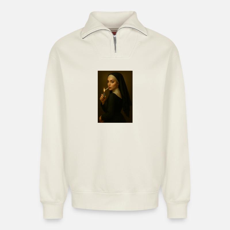 Nun with lighter - Relaxed Unisex Organic Half Zip Sweatshirt – by SPREAD - off white