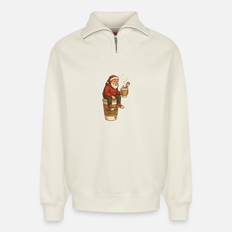 Santa Kaffee Pause Cartoon - Relaxed Unisex Organic Half Zip Sweatshirt – von SPREAD - Naturweiß