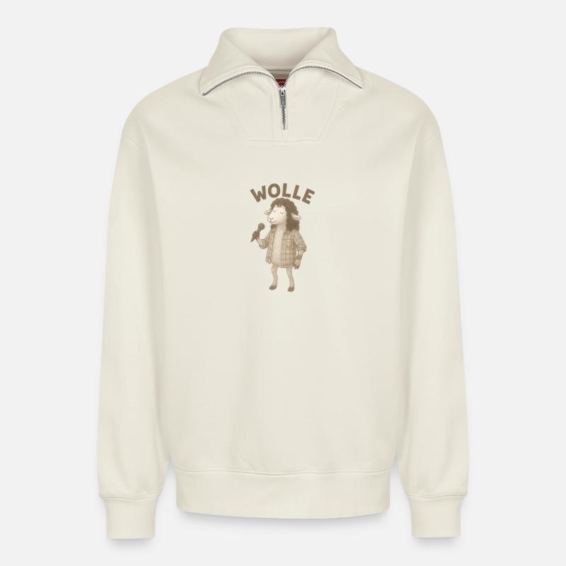 Wolle Schaf mit Mikrofon - Relaxed Unisex Organic Half Zip Sweatshirt – von SPREAD - Naturweiß