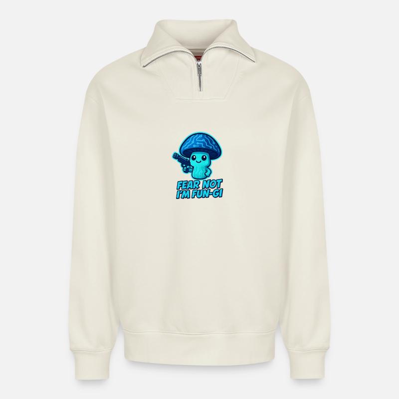 Fungi Robo Pilz - Relaxed Unisex Organic Half Zip Sweatshirt – von SPREAD - Naturweiß