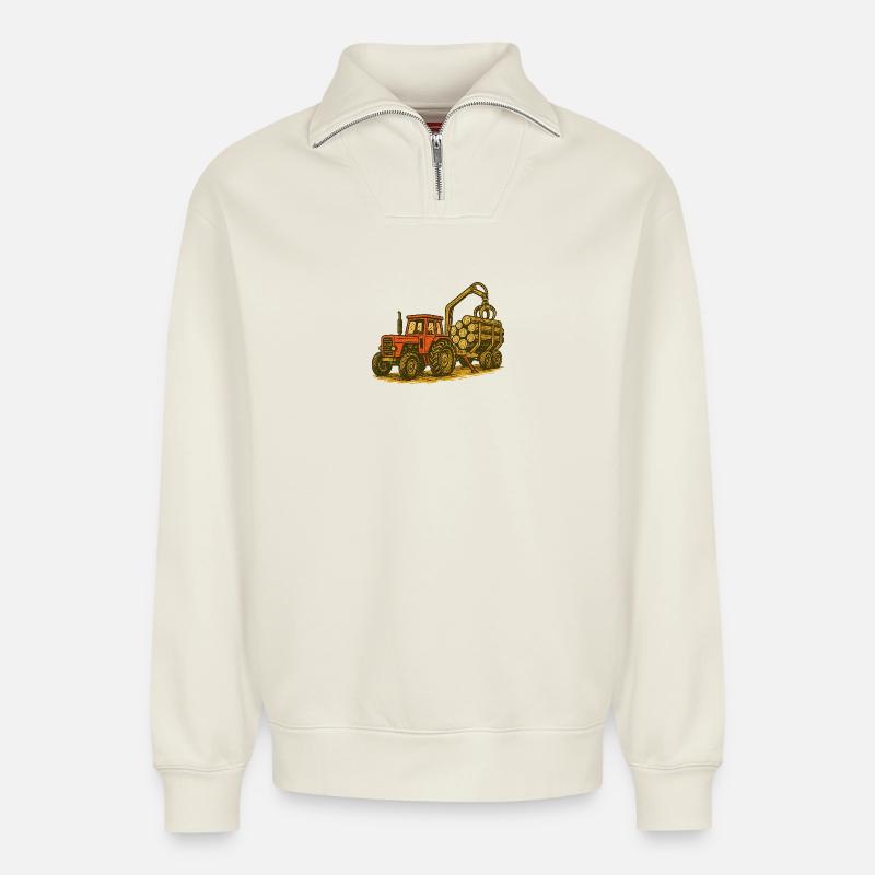 Forsttraktor mit Holzlast - Relaxed Unisex Organic Half Zip Sweatshirt – von SPREAD - Naturweiß