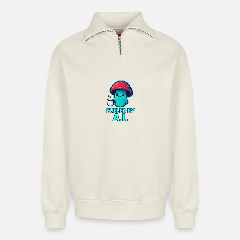 KOWAI Pilz Kaffee Boost - Relaxed Unisex Organic Half Zip Sweatshirt – von SPREAD - Naturweiß