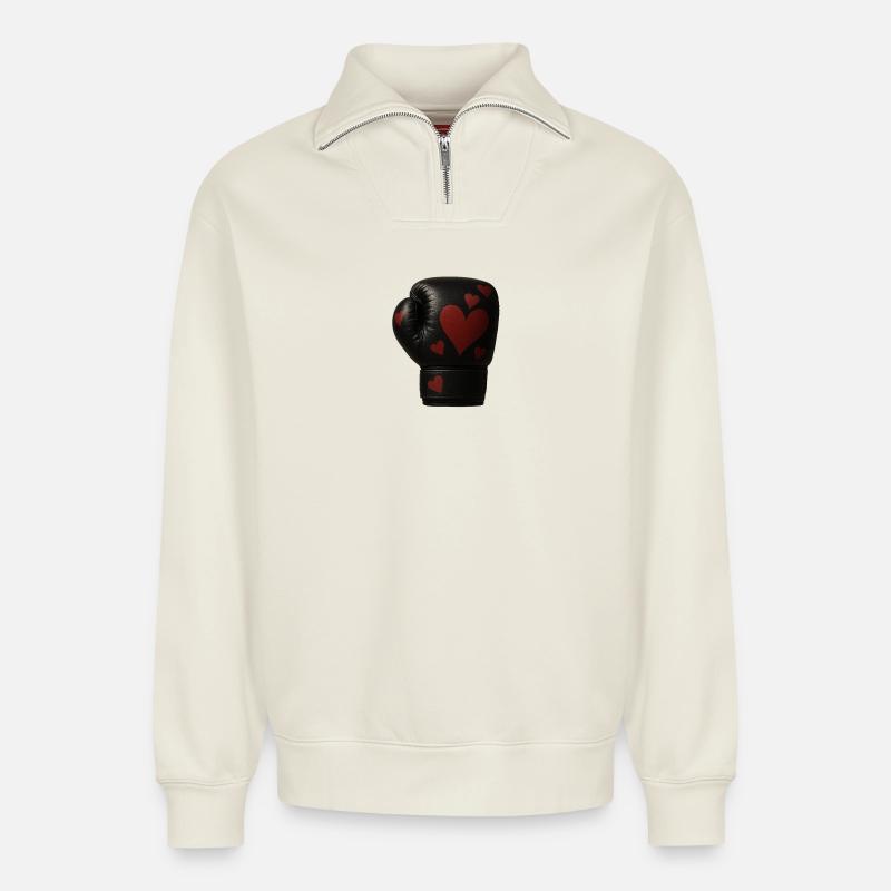Boxhandschuh mit Herzen - Relaxed Unisex Organic Half Zip Sweatshirt – von SPREAD - Naturweiß