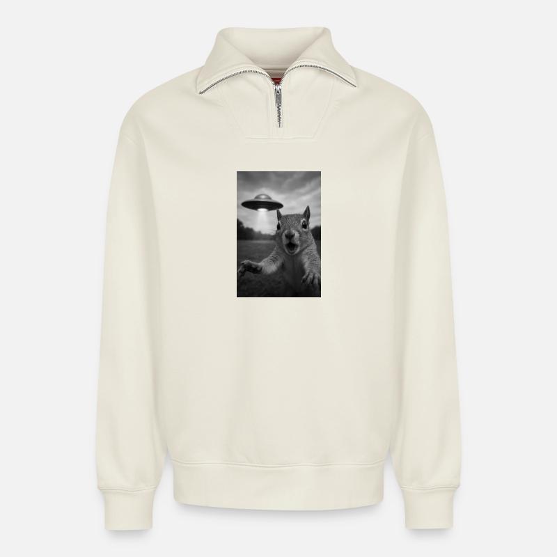 UFO Squirrel Encounter - Relaxed Unisex Organic Half Zip Sweatshirt – by SPREAD - off white