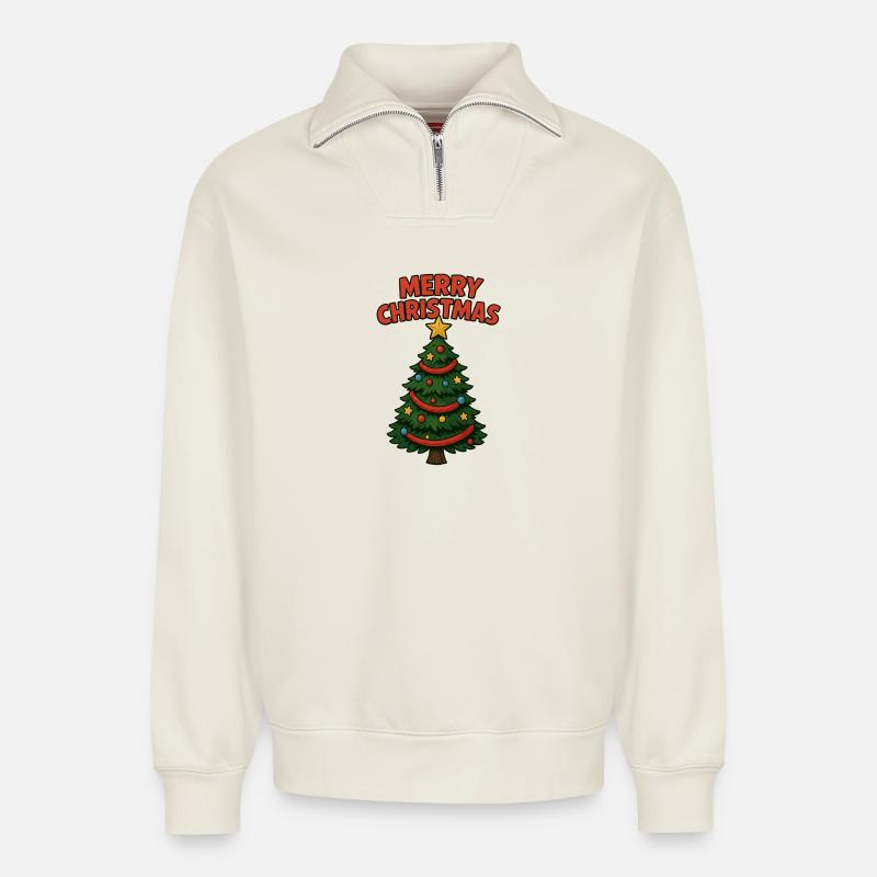Merry Christmas Comic Tree - Relaxed Unisex Organic Half Zip Sweatshirt – by SPREAD - off white