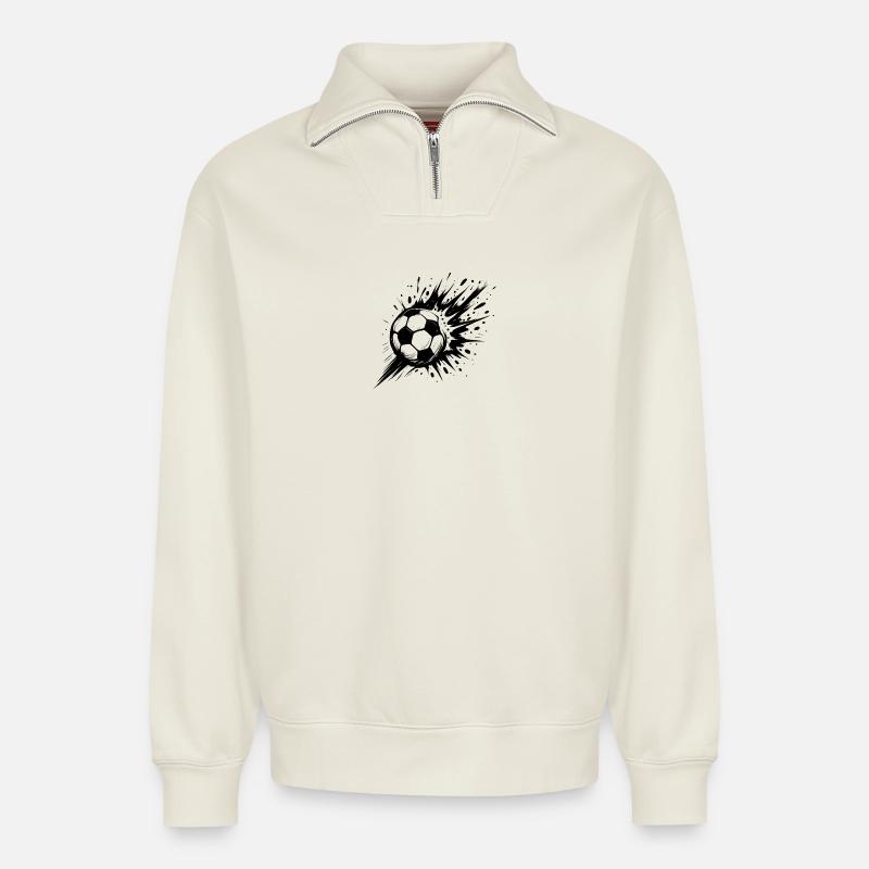 Exploding football in black and white - Relaxed Unisex Organic Half Zip Sweatshirt – by SPREAD - off white
