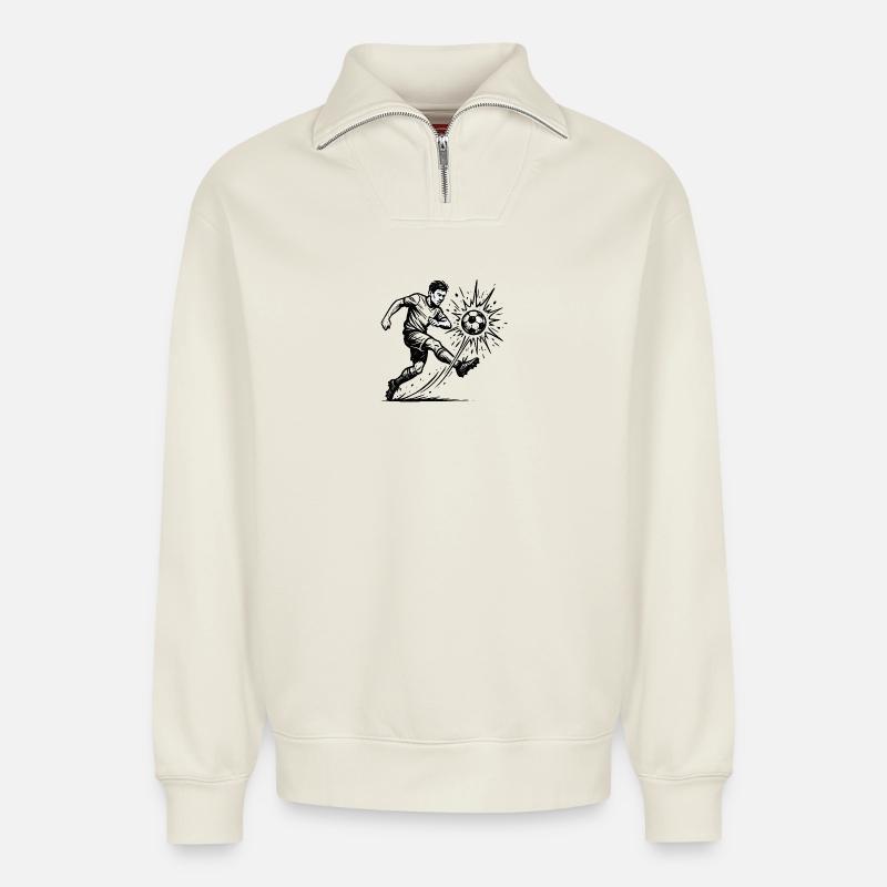 Exploding Soccer Shot Illustration - Relaxed Unisex Organic Half Zip Sweatshirt – by SPREAD - off white