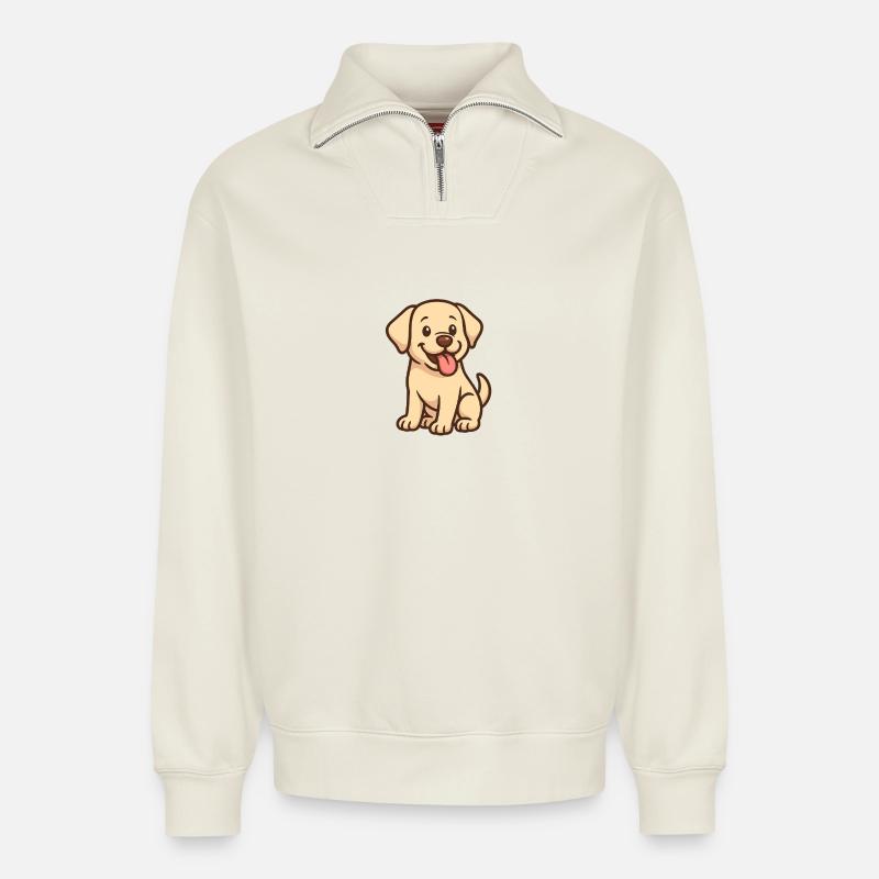 Chiot animé mignon - Sweat unisexe décontracté en coton biologique à demi-zip – de SPREAD - blanc cassé