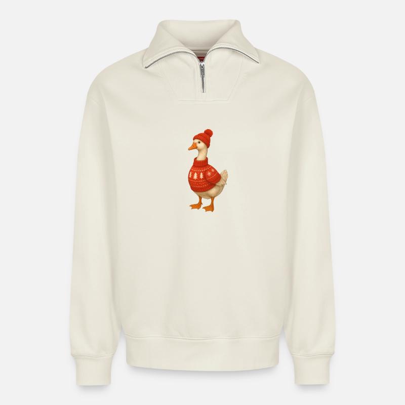 Gans im Strickpullover - Relaxed Unisex Organic Half Zip Sweatshirt – von SPREAD - Naturweiß