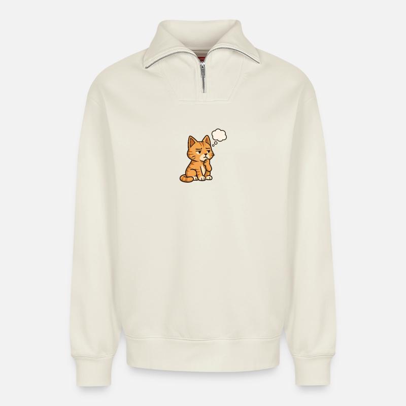 Chat-Réfléchi - Sweat unisexe décontracté en coton biologique à demi-zip – de SPREAD - blanc cassé