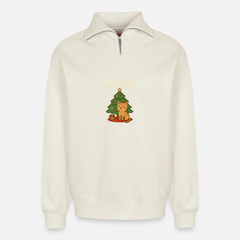 Schnurrende Grüße unterm Tannenbaum – Katze - Relaxed Unisex Organic Half Zip Sweatshirt – von SPREAD - Naturweiß