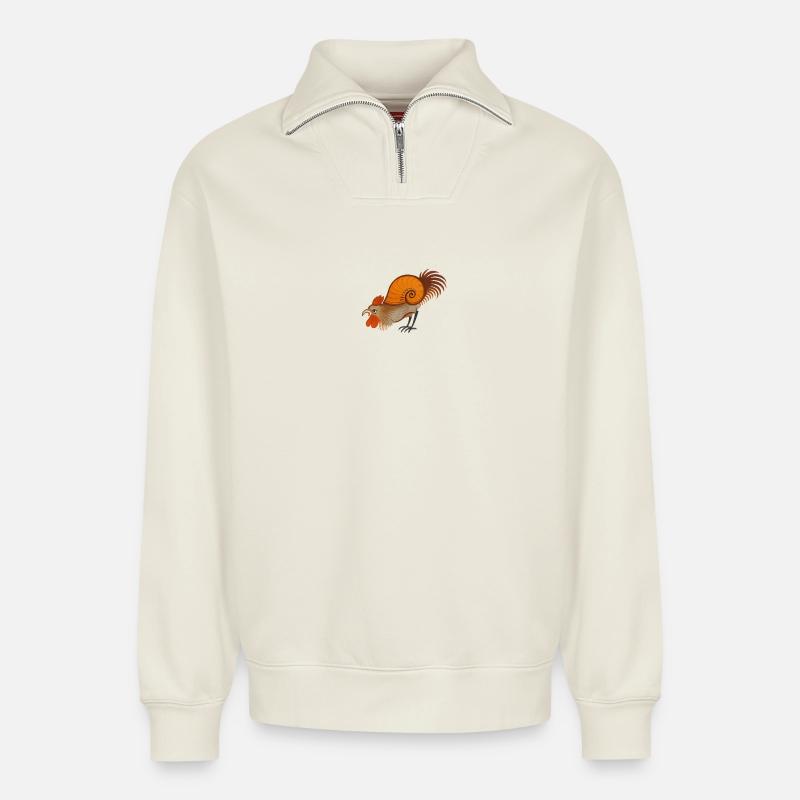 Medieval Rooster – Stylized Creature - Relaxed Unisex Organic Half Zip Sweatshirt – by SPREAD - off white