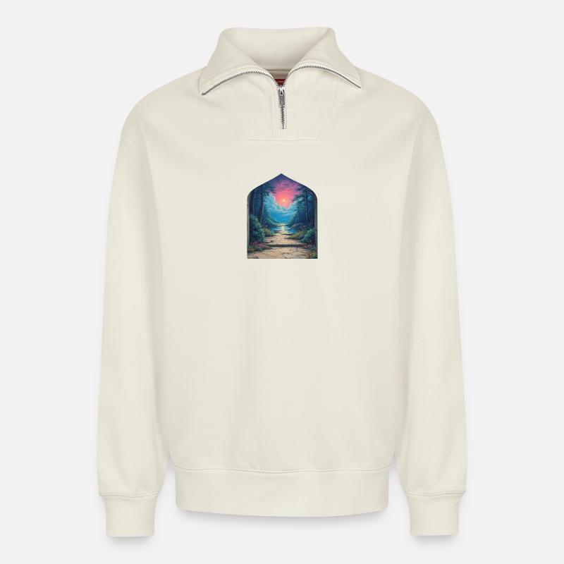 Sonnenuntergangsportal in Waldlandschaft - Relaxed Unisex Organic Half Zip Sweatshirt – von SPREAD - Naturweiß