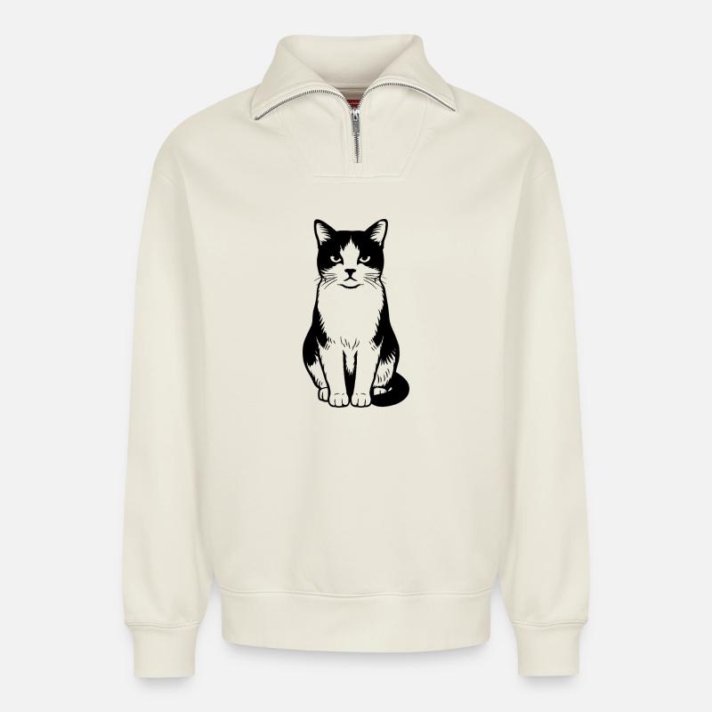 Chat - Sweat unisexe décontracté en coton biologique à demi-zip – de SPREAD - blanc cassé